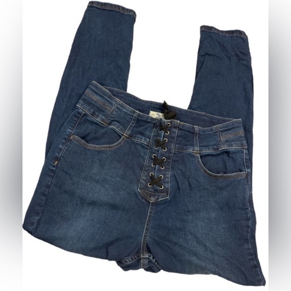 Free People We The Free Sz 32 blue High Rise Lace Up Jeans Lovers Knot - Picture 7 of 7